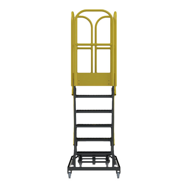 A six-step extra heavy-duty rolling safety ladder with a yellow guardrail and serrated tread steps.