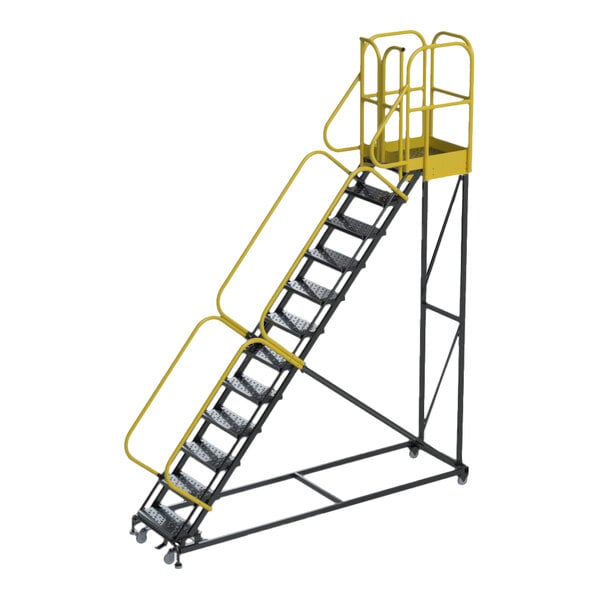 A 12-step extra heavy-duty rolling safety ladder with perforated tread, yellow handrails, and a top platform, designed for industrial use.
