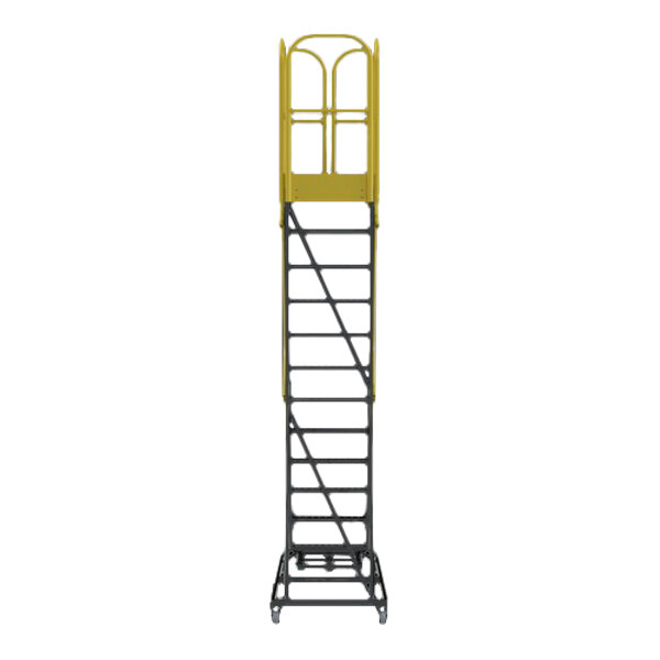 A 12-step extra heavy-duty rolling safety ladder with a perforated tread and a yellow safety rail at the top.
