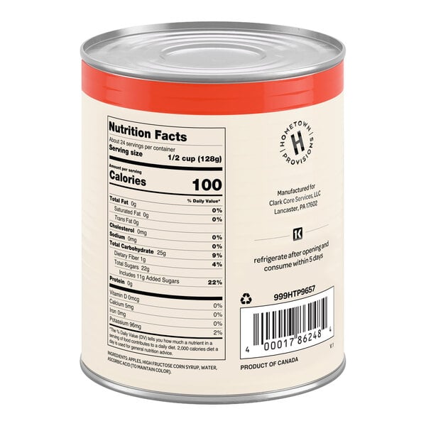 A large metal can of Hometown Provisions sweetened applesauce with a nutrition facts label on the back.