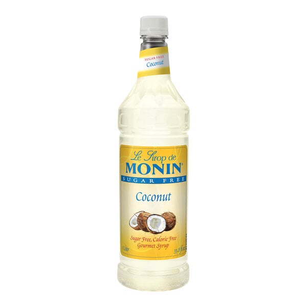 A 1-liter bottle of Monin Sugar-Free Coconut Flavoring Syrup.