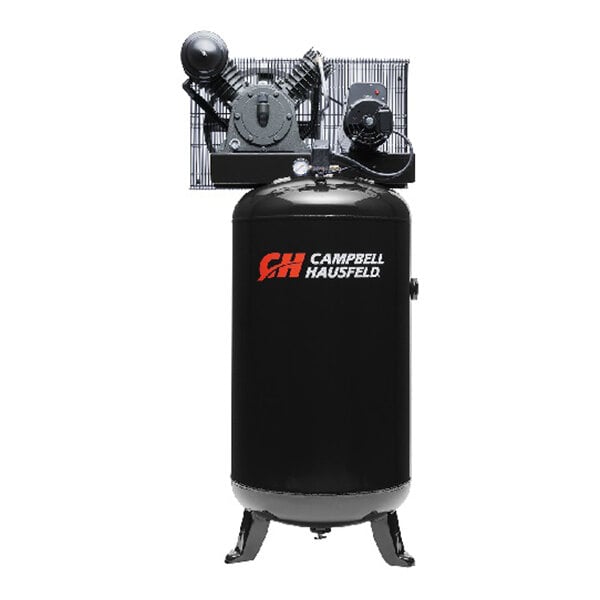A Campbell Hausfeld 80-gallon cast iron 2-stage vertical air compressor with a 5 hp motor.