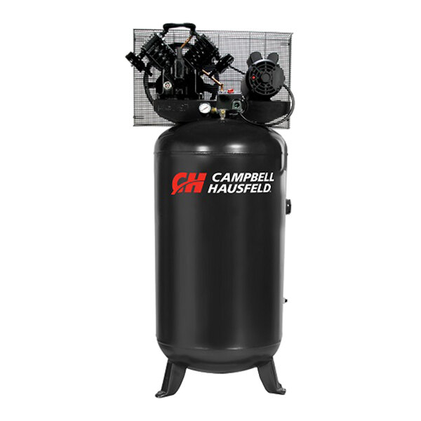 A large black Campbell Hausfeld 80-gallon vertical air compressor with a cast iron 1-stage pump and 5 hp motor.