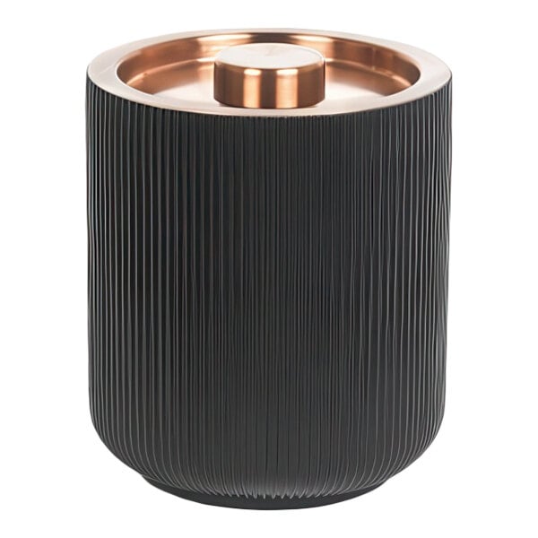 A black resin ice bucket with a rose gold stainless steel lid.