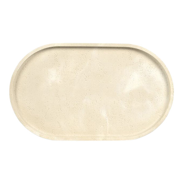 An oval-shaped, beige sandstone resin amenity tray.