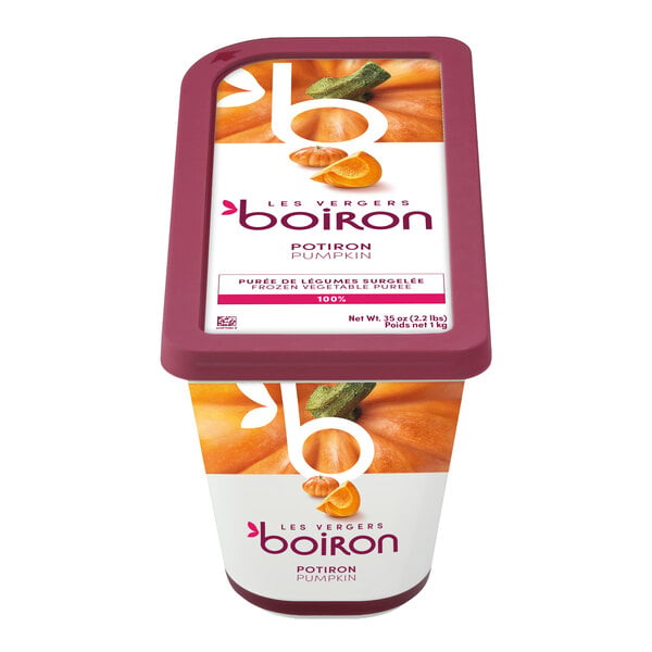 A rectangular container with a maroon lid and label showing images of pumpkin pieces, labeled as Boiron pumpkin puree.