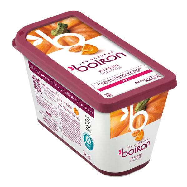 A rectangular container with a maroon lid and label featuring images of pumpkin and seeds, branded as Les Vergers Boiron Pumpkin 100% Vegetable Puree.