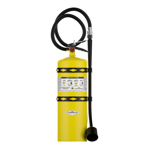 A yellow Amerex B570 30 lb. Class D sodium chloride fire extinguisher with a black hose and instruction label.