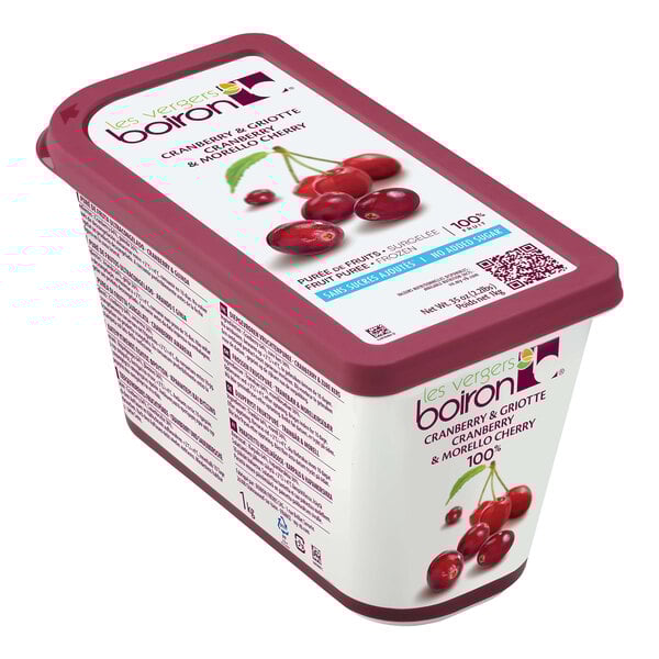 A rectangular container of Les Vergers Boiron Cranberry and Morello Cherry 100% fruit puree.