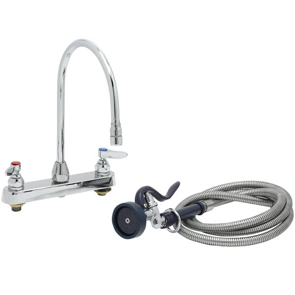 A T&S deck-mount workboard faucet with gooseneck spout and hose.