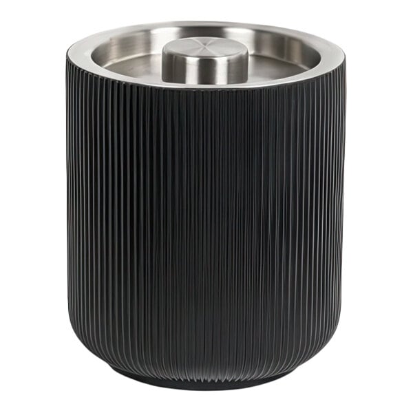 A black resin ice bucket with a ribbed texture and a stainless steel lid.