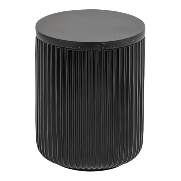 A black resin storage jar with a lid and vertical textured sides.