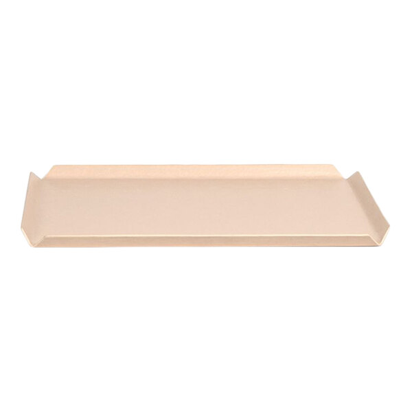 A rectangular clay-colored faux leather amenity tray with raised edges.