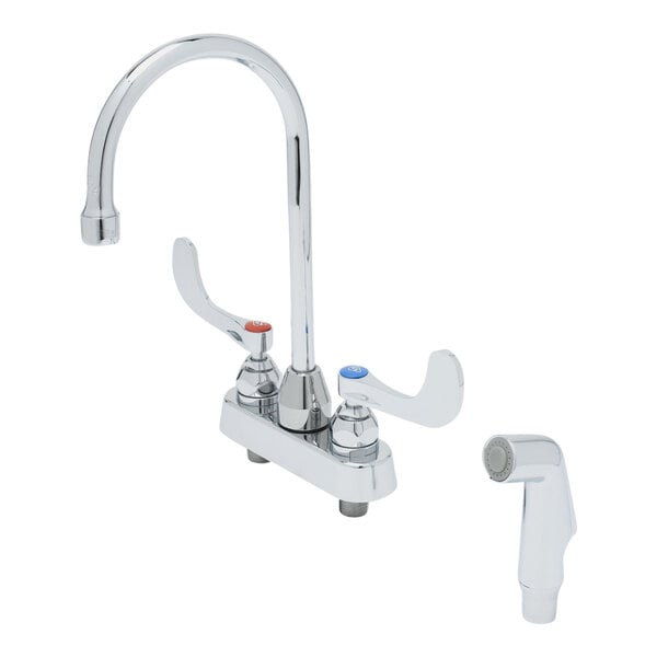 A white T&S deck-mount faucet with silver wrist action handles and a gooseneck spout over a white background.