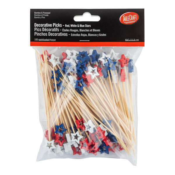 A package of 100 bamboo food or cocktail picks with red, white, and blue star decorations.