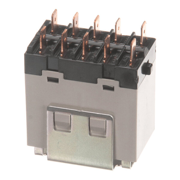 A rectangular electrical relay with multiple copper terminals and a metal mounting bracket.