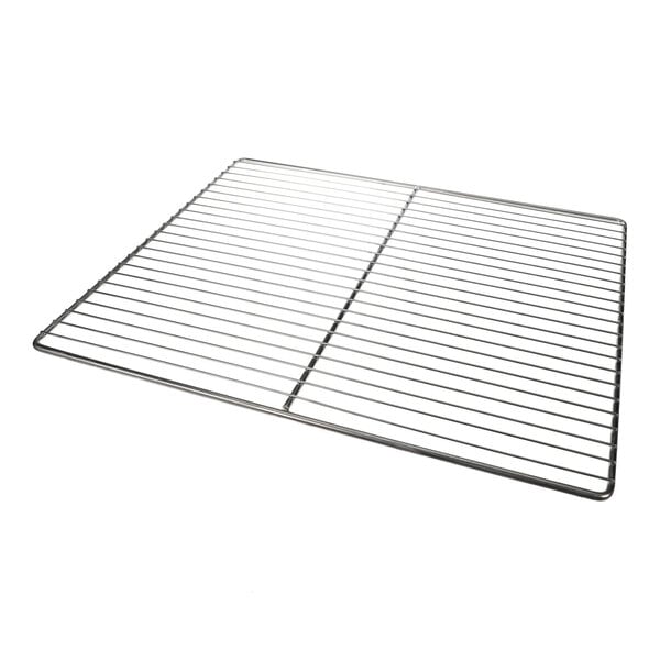 A rectangular chrome wire shelf for use in refrigeration or heating units.