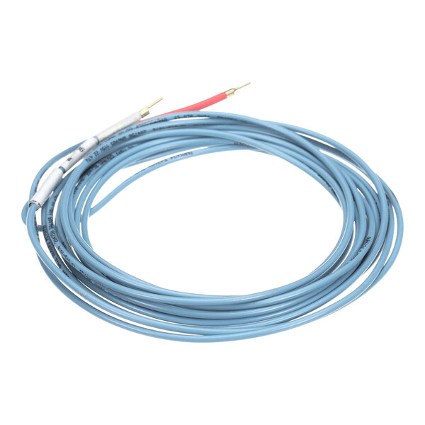 A coiled blue PVC heater wire with exposed ends, used for refrigeration applications.