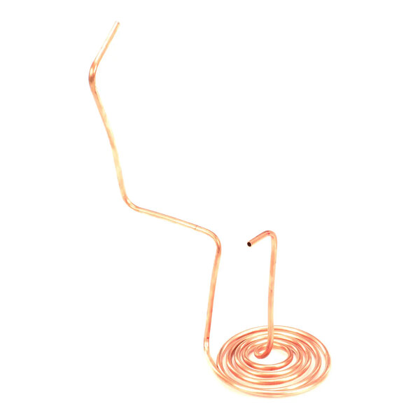 A coiled copper condenser loop with a spiral base and extended tubing.