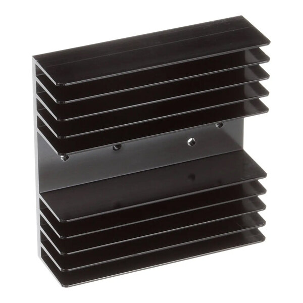 A black anodized aluminum heat sink with multiple horizontal fins.