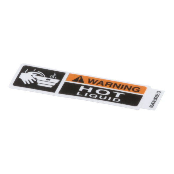 A rectangular warning decal with text indicating 'Warning Hot Liquid' and a graphic of a hand near a steaming container.
