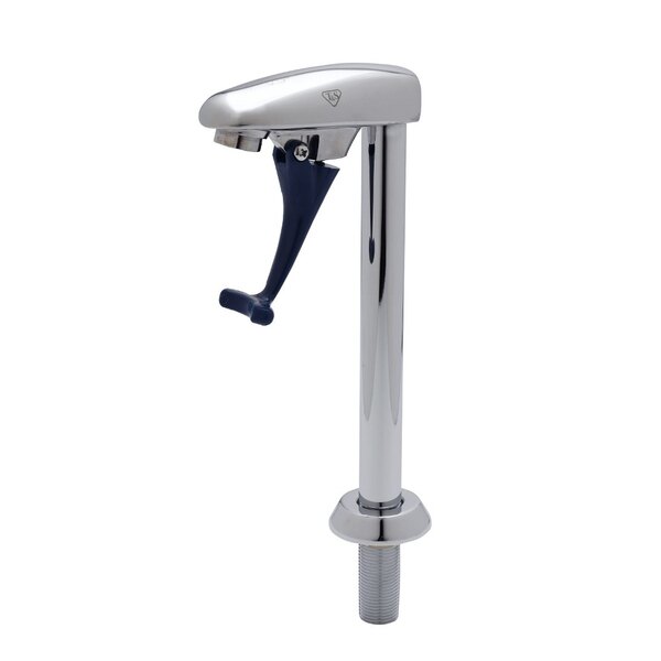 A chrome T&S deck mount glass filler faucet with a black handle.