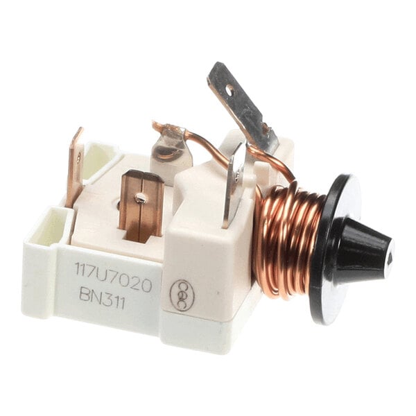 A True Refrigeration 824039 relay with a white plastic base, copper coil, and metal terminals.