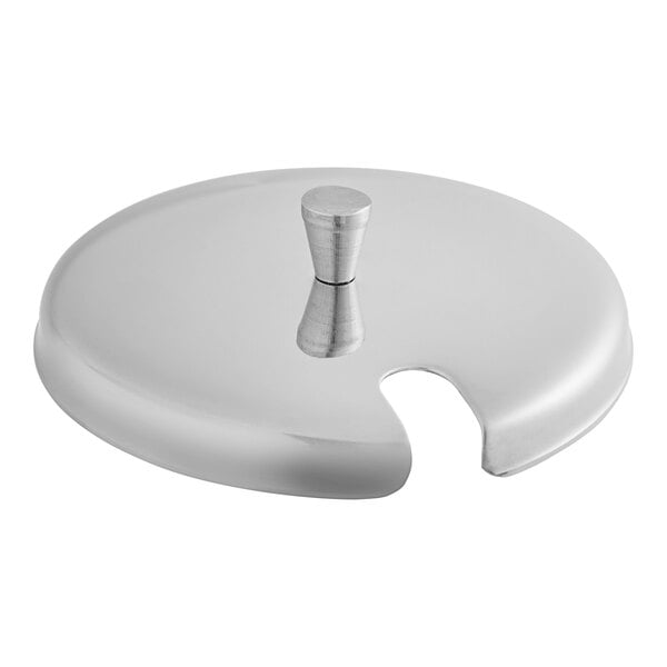 A stainless steel lid with a knob handle and a notch, designed for a 7 oz. glass condiment jar.