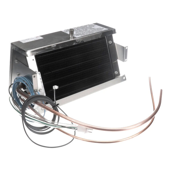 An assembly coil for ceiling mounting with attached wires and copper tubing, designed for 120V systems.