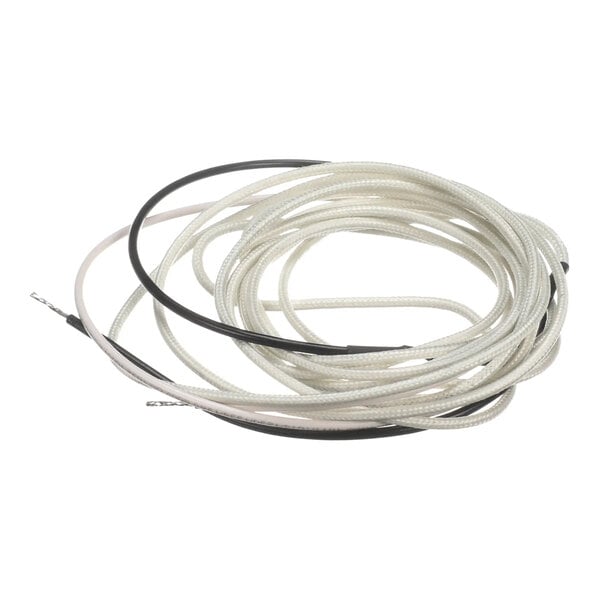 A coiled white and black heater wire for Delfield equipment.