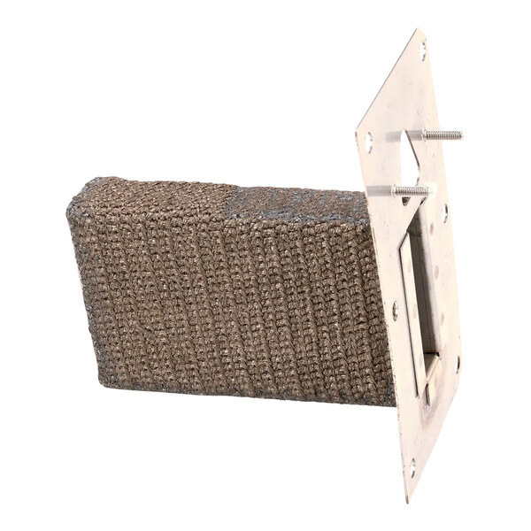 A rectangular gas burner assembly with a metal mounting plate and threaded bolts.