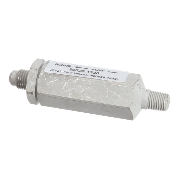 A metal flow control assembly with threaded ends and a label indicating it is a Bunn 20528.1330 model.