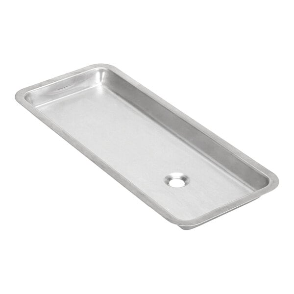 A rectangular stainless steel drain pan with a central drain hole.