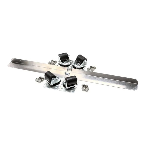 An assembly kit featuring a metal bar, four caster wheels, and mounting hardware.