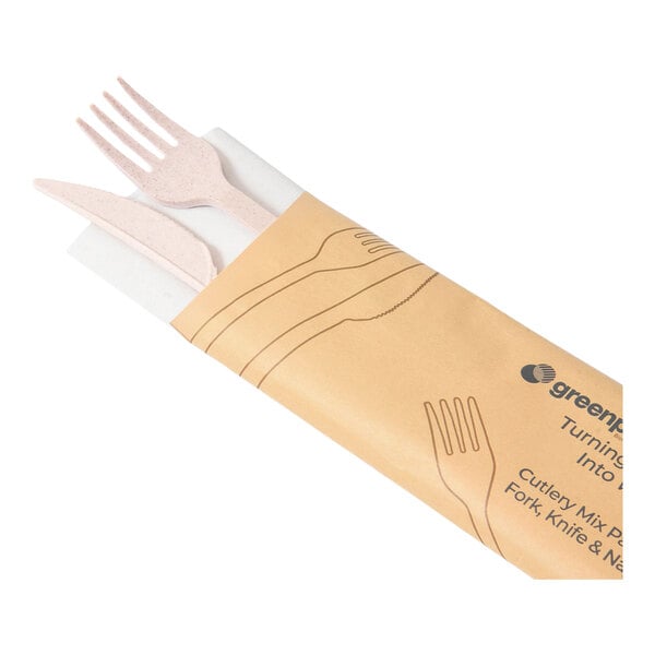 Greenprint Wrapped Heavy Weight Natural Agave Knife, Fork, and Napkin - 200/Case