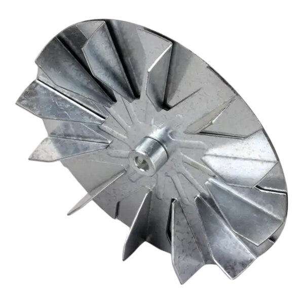 A metal bi-directional fan blade with angled fins and a central mounting hub.