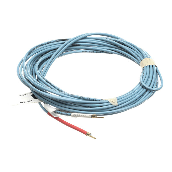 A coiled blue PVC heater wire with exposed ends, used for refrigeration applications.
