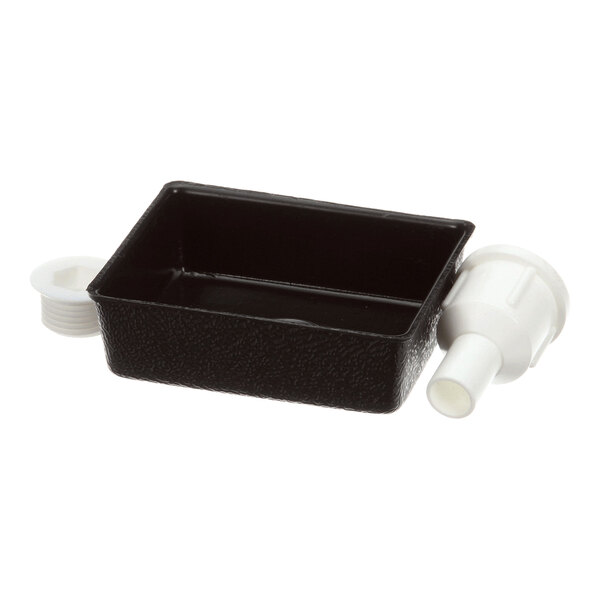 A black rectangular drain pan accumulator assembly with two white plastic fittings, designed for True Refrigeration TSSU units.