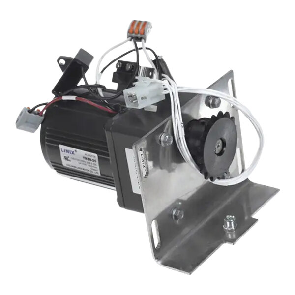 An assembly of a rotation motor with a mounting bracket and sprocket, featuring attached wiring and connectors.