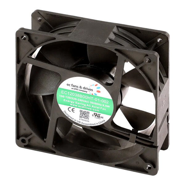 An axial fan with a square black frame and a central label, designed for use in electrical or refrigeration equipment.