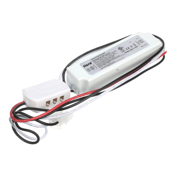 A rectangular electronic power supply unit with attached wires and a white connector.