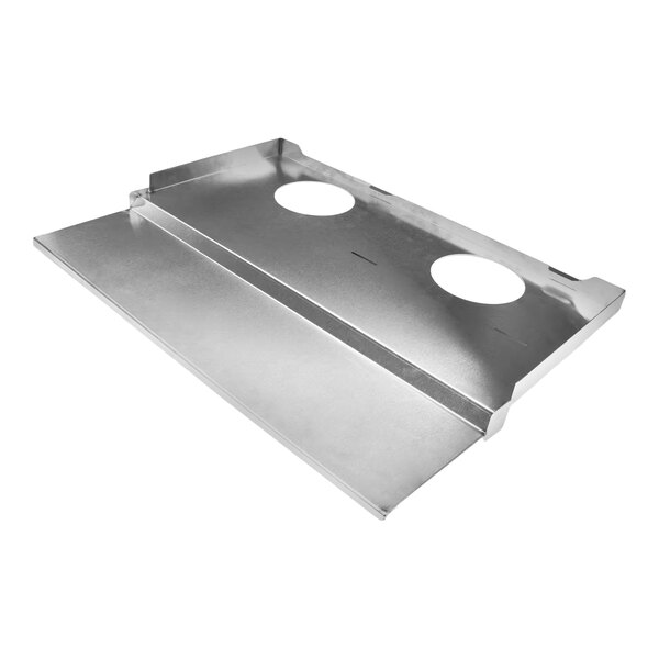 A metal weldment circulation bottom panel with two circular cutouts.