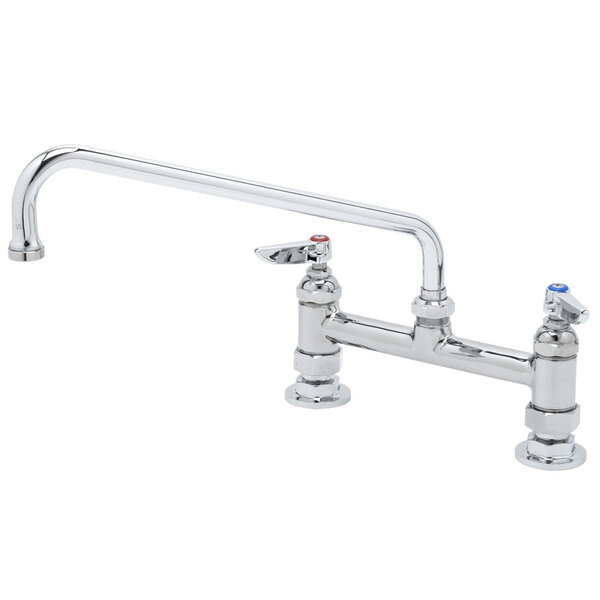 A T&S chrome deck-mounted faucet with two lever handles.