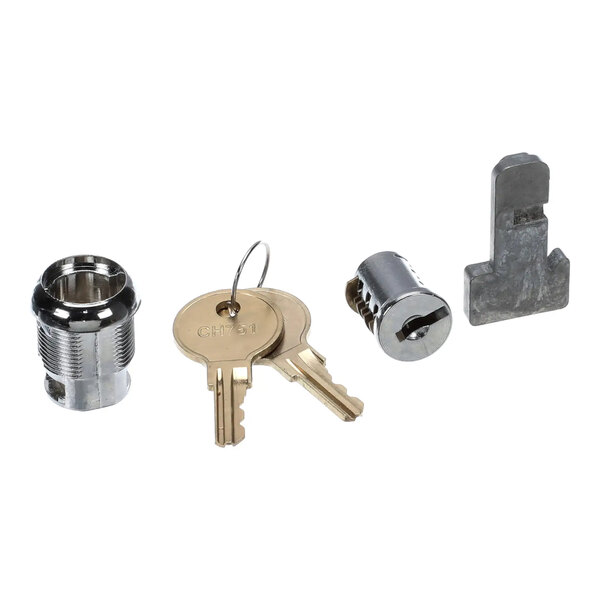 A keylock set with two keys and lock components for a door.