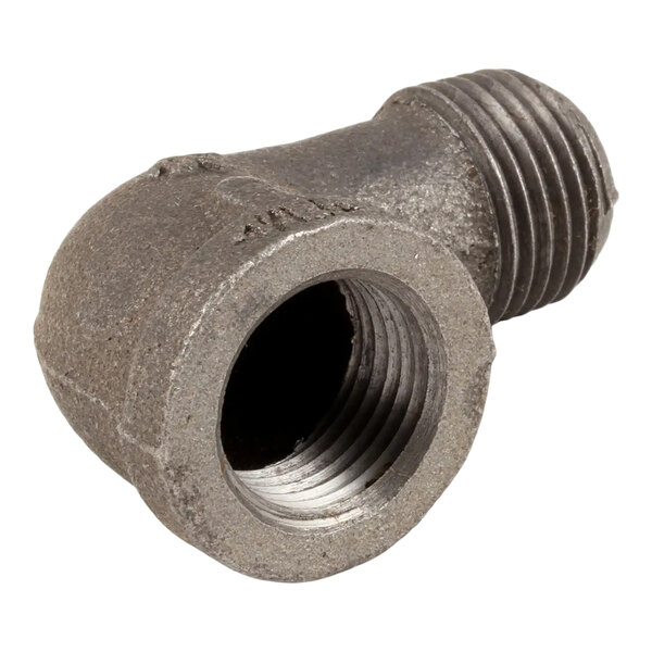 A black 1/2 inch 90-degree street ell pipe fitting with threaded ends.