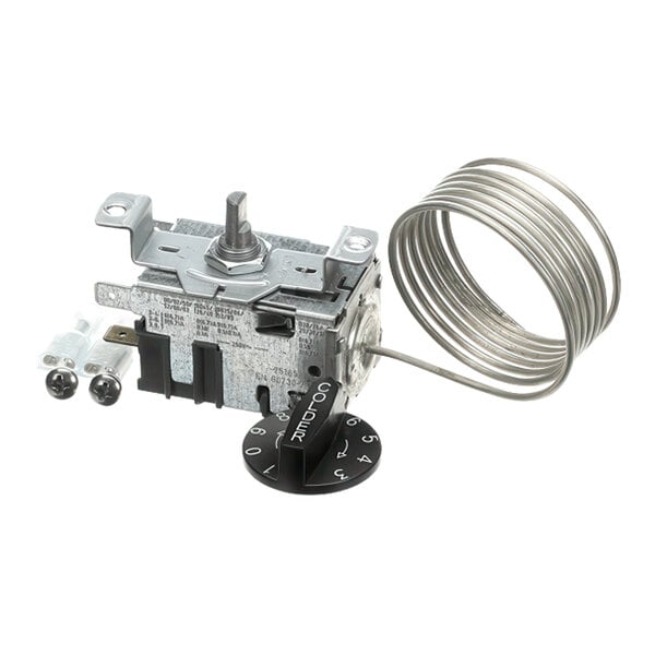 A temperature control thermostat with a knob and coiled sensor for True Refrigeration units manufactured before 07/11/15.