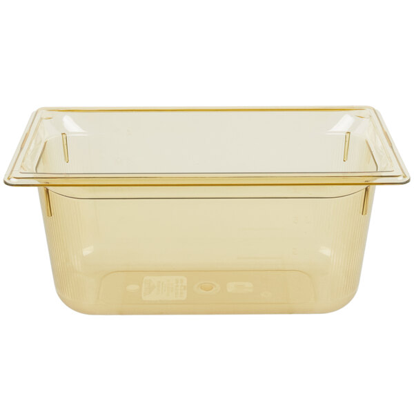 A clear plastic Vollrath Super Pan with a white label on it.