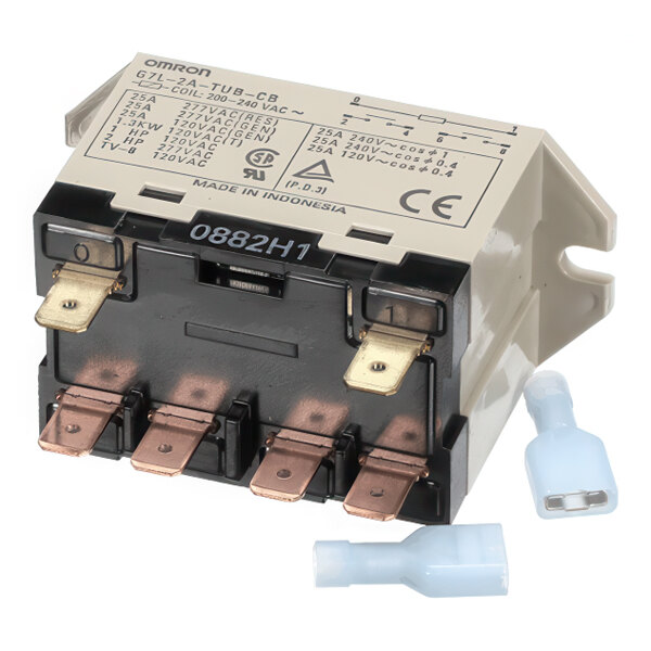 A True Refrigeration 839671 relay with multiple copper terminals and two blue wire connectors.