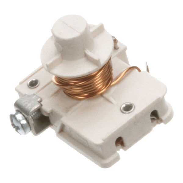 A white electrical relay component with a copper coil and metal screw terminal.