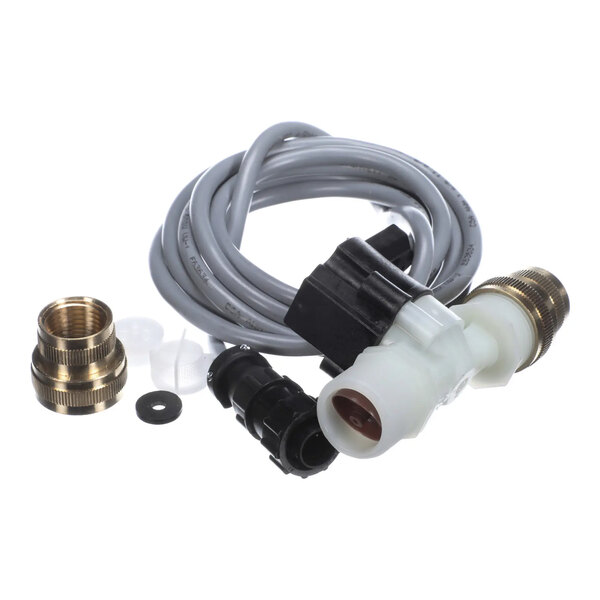 A water solenoid valve kit with a coiled wire, brass fittings, and plastic connectors.